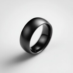 Matte black, domed wedding band with subtly rounded edges, slightly angled on a white background, casting a soft shadow