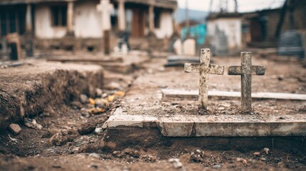 Two weathered crosses on a damaged tombstone in a desolate graveyard with blurred structures in the background