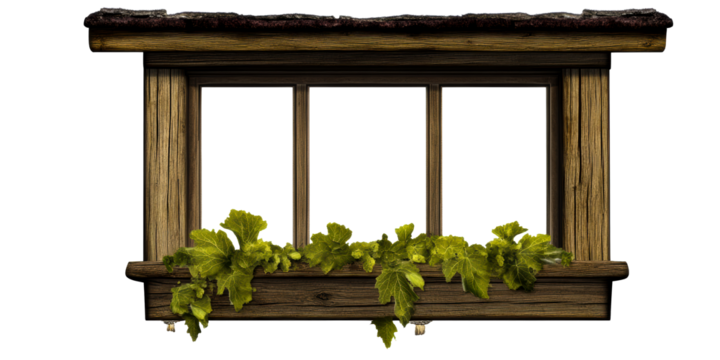 Wooden window frame with green foliage on transparent background