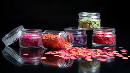 small transparent plastic jars filled with colorful round confetti sequins. One jar lies open with bright pink, orange, and red confetti spilling out onto the surface