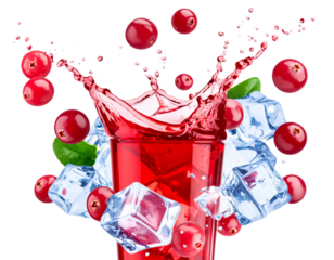  suspended mid-air, surrounded by floating ice cubes and cranberries, high-speed photography style capturing motion and freshness, isolated on transparent background PNG