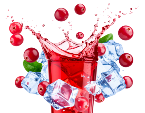  suspended mid-air, surrounded by floating ice cubes and cranberries, high-speed photography style capturing motion and freshness, isolated on transparent background PNG