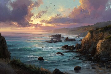 Obraz premium Scenic coastal sunset with dramatic clouds and ocean waves near rocky shore