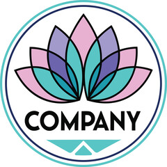 Obraz premium Colorful lotus flower logo with company text and geometric shapes symbol