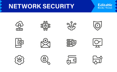 Network Security Professional Line Icon Set – Modern Minimal Cybersecurity, Data Protection, Privacy, Firewall, Malware, Safety, Encryption, Technology, and Secure System