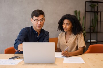 Diverse colleagues collaborating together around a laptop in a modern office for teamwork.