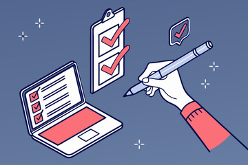 Digital planning and task management concept, Hand completing an online checklist, Isometric vector illustration - Generative AI