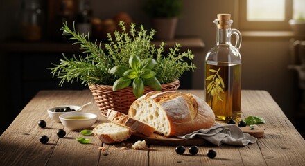 Artisan Bread and Golden Olive Oil Still Life on a Rustic Table with Fresh Herbs