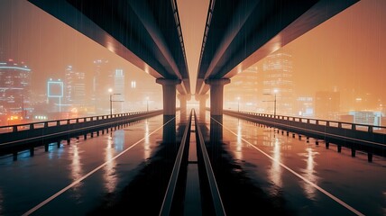 Modern city highway at night with futuristic lights and reflections
