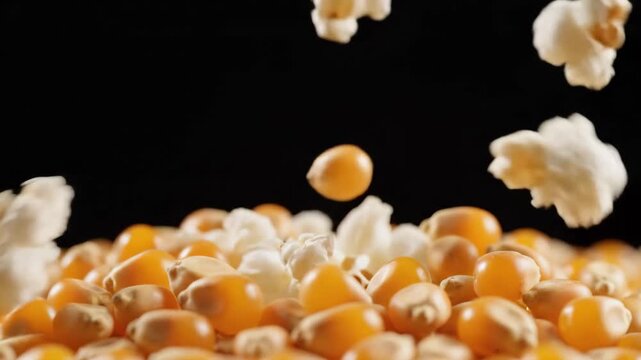 Popcorn Kernel Exploding into Fluffy Snack - A single popcorn kernel bursts open, transforming into a fluffy, white popcorn against a background of unpopped yellow kernels.