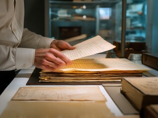 Archivist carefully preserving historical abolition documents and freedom papers in professional archive facility, controlled preservation lighting with archival materials visible, shot with 100mm mac