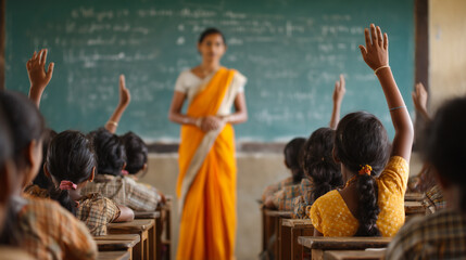 Indian teacher wearing orange sari and white shirt standing in front of a blackboard, teaching students. Classroom with students sitting at desks, green chalkboard has some text. Girls have their hand