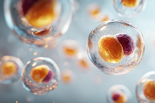 Microscopic view of translucent spheres containing vibrant orange and maroon inner structures, suspended in a hazy gray background with shimmering particles