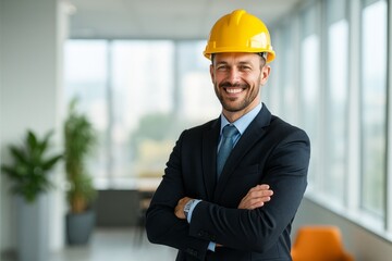 Confident Architect in Hard Hat with Arms Crossed Smiling in Modern Office Space