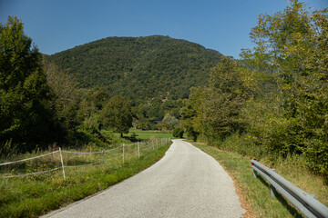 strada che attraversa un ambiente naturale e rurale tra le colline della Slovenia occidentale, di giorno, in estate, con cielo sereno