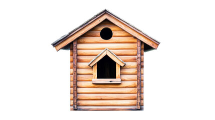 Wooden log cabin birdhouse on transparent background