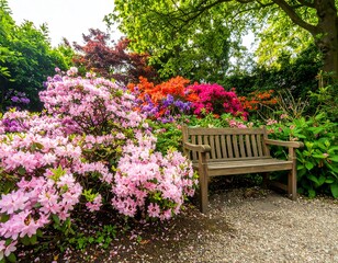 Colorful garden bench with azaleas