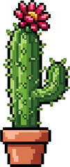 Pixel art cactus in a terracotta pot with a pink flower.
