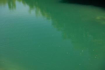 superficie piatta e calma, color verde smeraldo, del fiume Isonzo, in Slovenia, di giorno