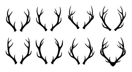 Collection of eight different deer antler silhouettes isolated on white background