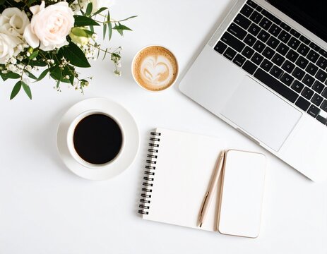 Workspace with laptop coffee flowers notebook smartphone and pen flat lay - Powered by Adobe