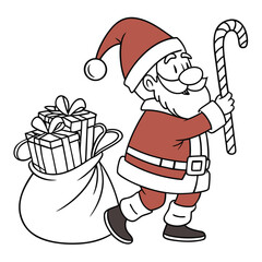 Santa Claus with gifts and candy cane outline line art doodle cartoon illustration. Winter Christmas theme coloring book page