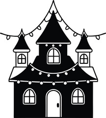 Fototapeta premium Haunted house covered in Christmas lights illustration.