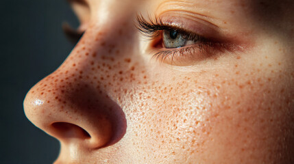 Close-up view of a freckled nose and cheek.