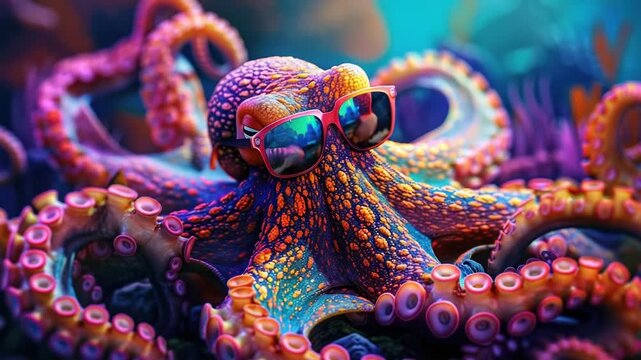 A close-up view of an octopus wearing trendy sunglasses, making it look like a cool cephalopod