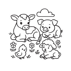 Farm animals, cow, pig, and a chick, silhouette vector illustration