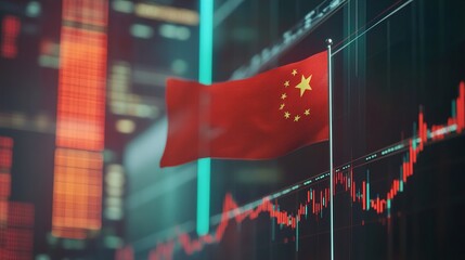 China flag on stock market graph with red downturn