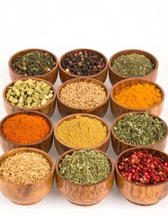 Fototapeta premium Assorted spices in wooden bowls