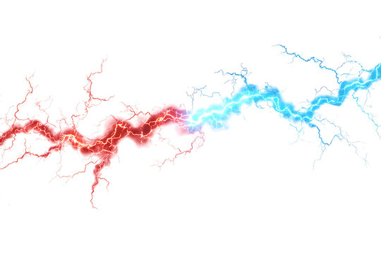 Abstract depiction of red and blue lightning bolts intertwining against a white background