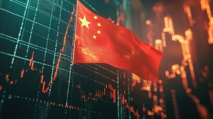 Chinese flag waving over financial stock market graph
