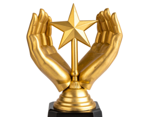 Classic Oscar-Style Trophy Statue Holding a Star, Cinematic Award Design, Isolated on Transparent Background PNG