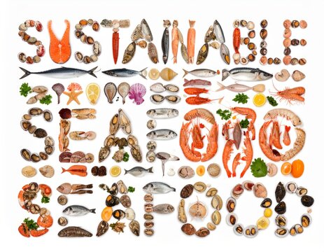 Sustainable seafood - text made with sea foods
