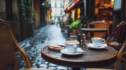 Charming cafe table set for coffee in a narrow street of a historic European town during the afternoon