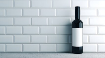 Dark wine bottle with blank label against a white tiled wall.