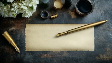 Elegant writing setup with gold fountain pen, ink pots, and vintage paper on dark wooden table