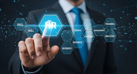 Businessman s hand touching a digital interface displaying a network of interconnected business icons and data points