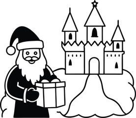 Santa delivering gifts to a haunted castle illustration