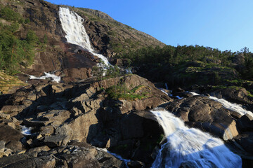 Landscape photo with a side view of the cliffs and Langfossen waterfall in the evening in southern Norway	