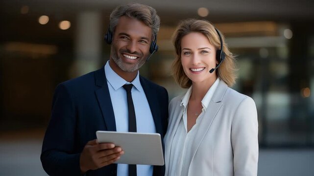 Supervisor Providing Feedback to Agent on Tablet in Office Setting