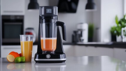 Juicer preparing fresh juice with fruits on kitchen counter in modern home setting