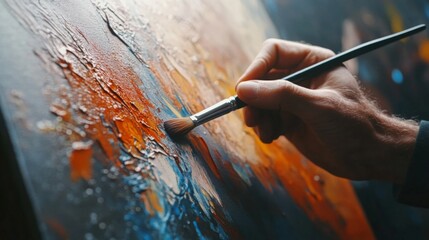 Creative artist applying bold brushstrokes to a vibrant canvas at a late afternoon studio session