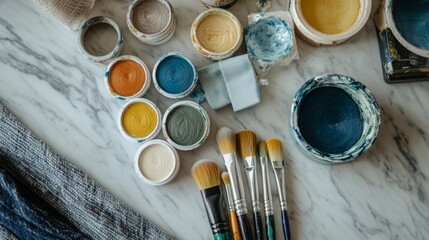 Art supplies organized on a marble table with paint jars and brushes arranged for creative project preparation