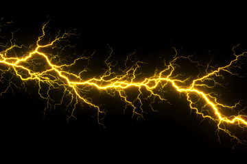 Bright yellow lightning bolt striking across a dark background, showcasing natural energy and power