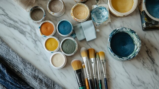 Art supplies organized on a marble table with paint jars and brushes arranged for creative project preparation