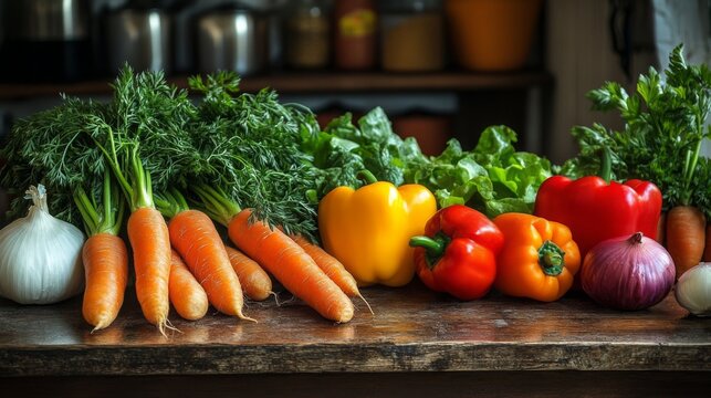 Fresh vegetables lined on a wooden table with vibrant colors and textures ready for meal preparation
