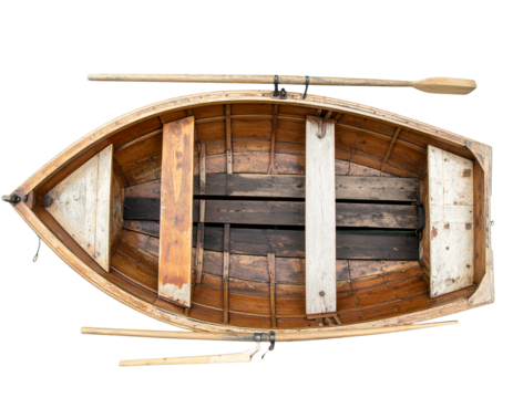Old Wooden Rowboat with Oars, Rustic Fishing Vessel, Isolated on Transparent Background PNG - Powered by Adobe